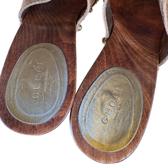 Gucci Bronze Leather Horsebit Wooden Clogs Heels Size UK 9B - Picture 8 of 12